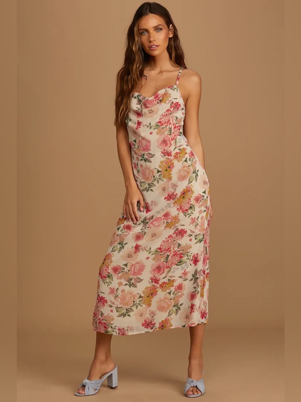 Lulus Sweet Invitation Beige Floral Print Cowl Neck Midi Dress Size Small